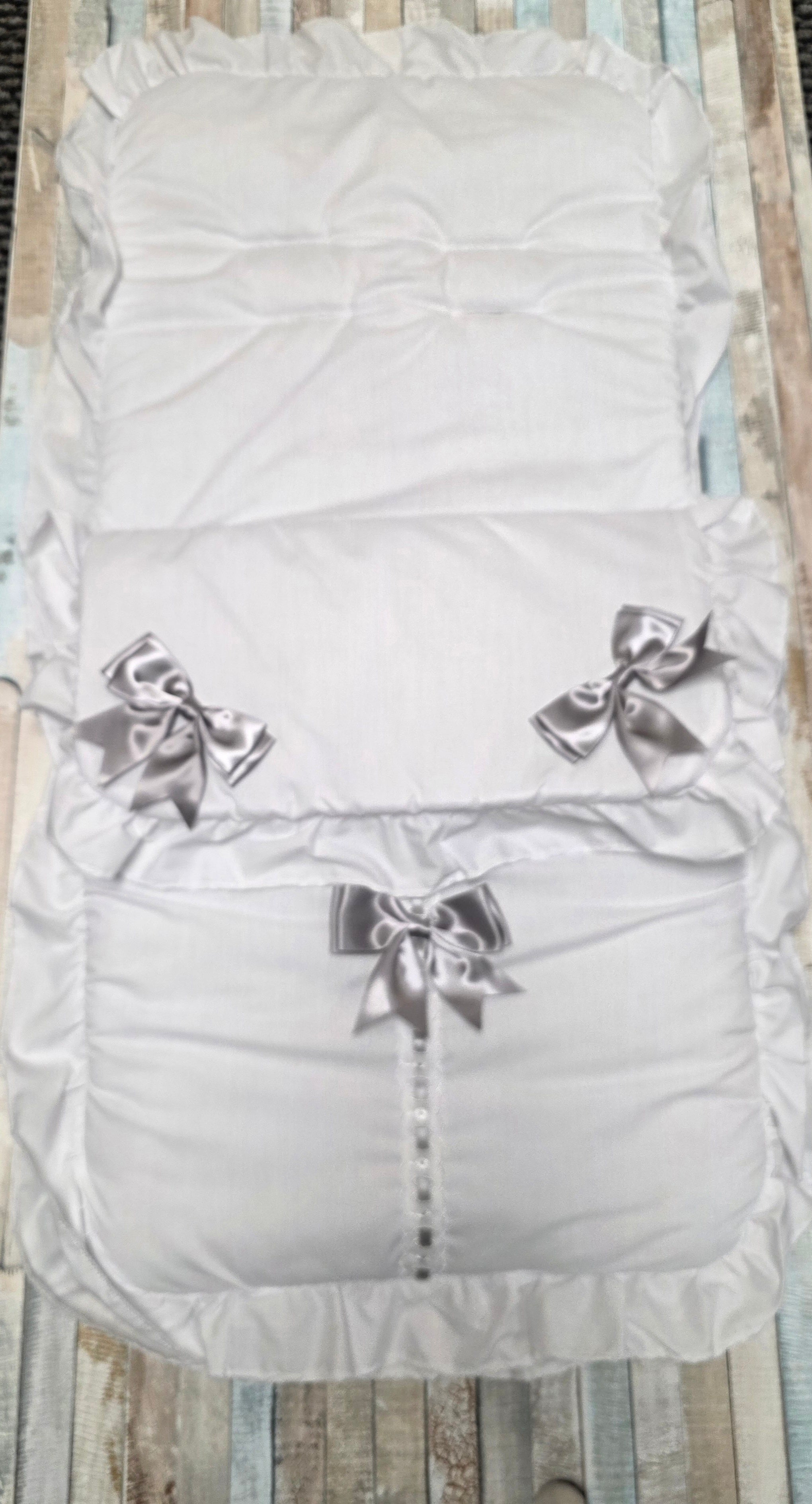Unisex Baby Plain White And Grey Satin Bow Universal  Pushchair Cosytoes/Footmuff