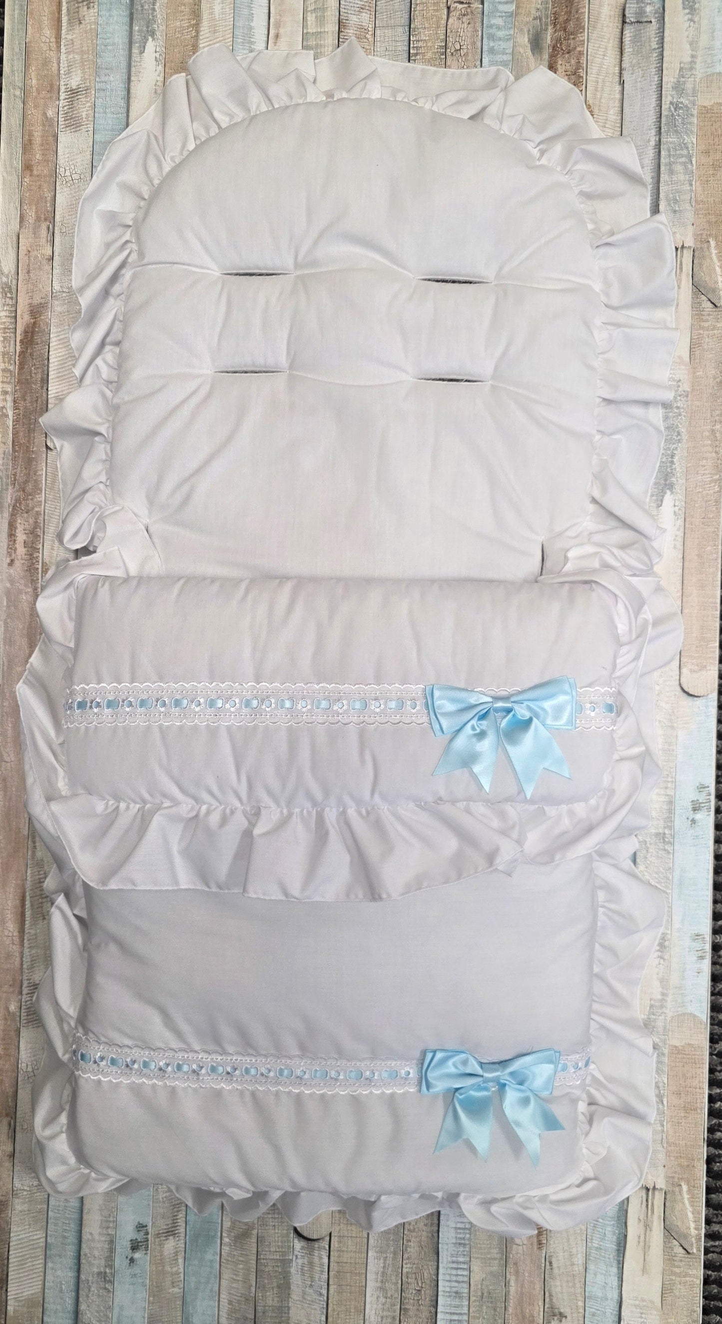 Baby Boys White Frill Universal Pushchair Footmuff/ Cosytoes With Side Satin Blue Bow