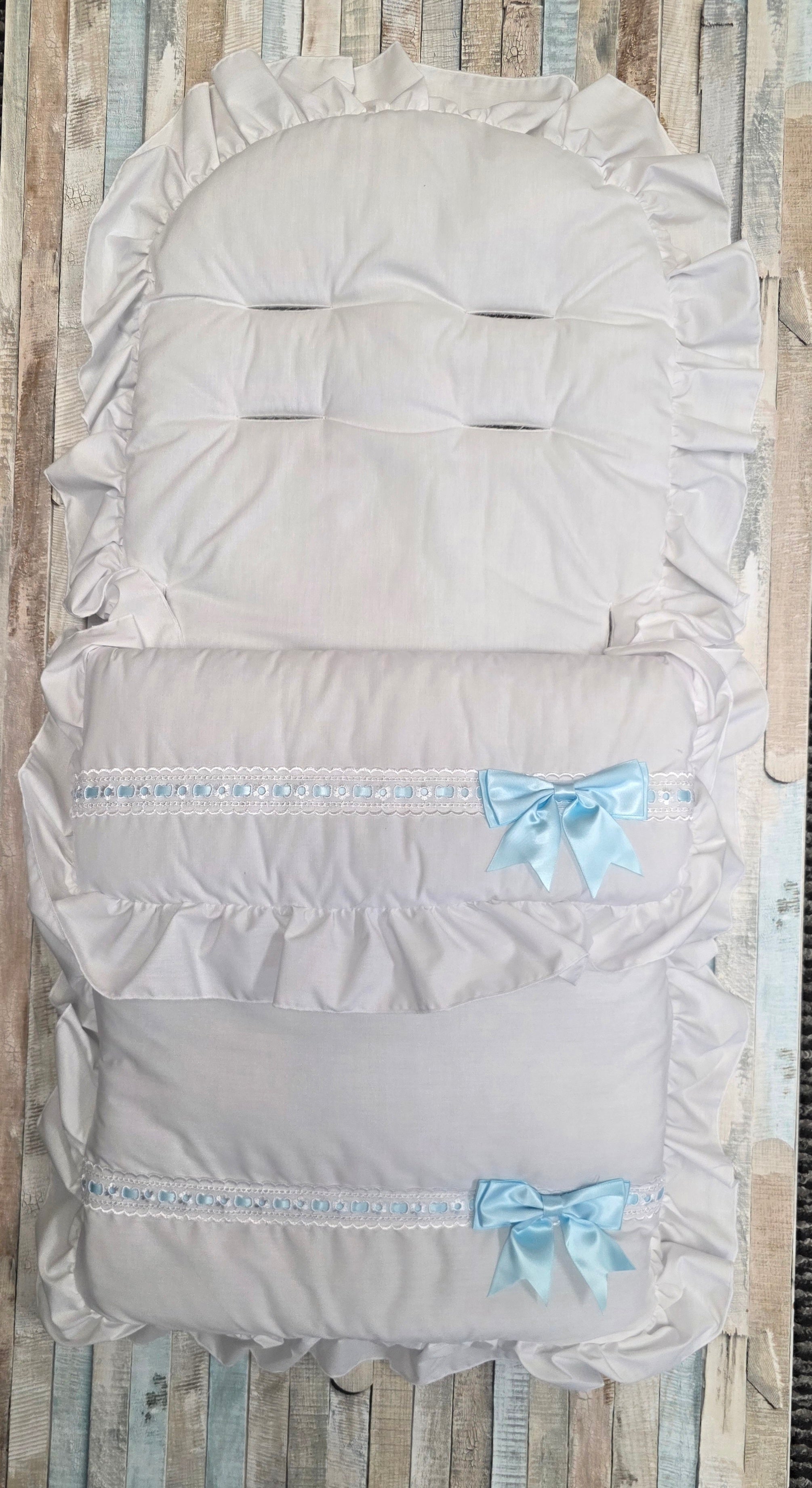 Baby Boys White Frill Universal Pushchair Footmuff/ Cosytoes With Side Satin Blue Bow