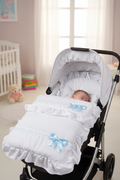 Baby Boys White Frill Universal Pushchair Footmuff/ Cosytoes With Side Satin Blue Bow