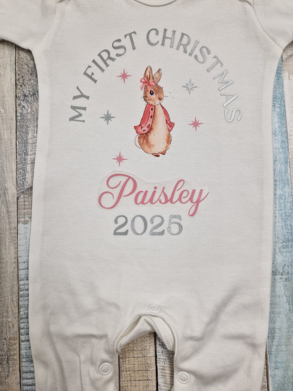 Baby Girls Personalised My First Christmas Printed Rabbit Babygro