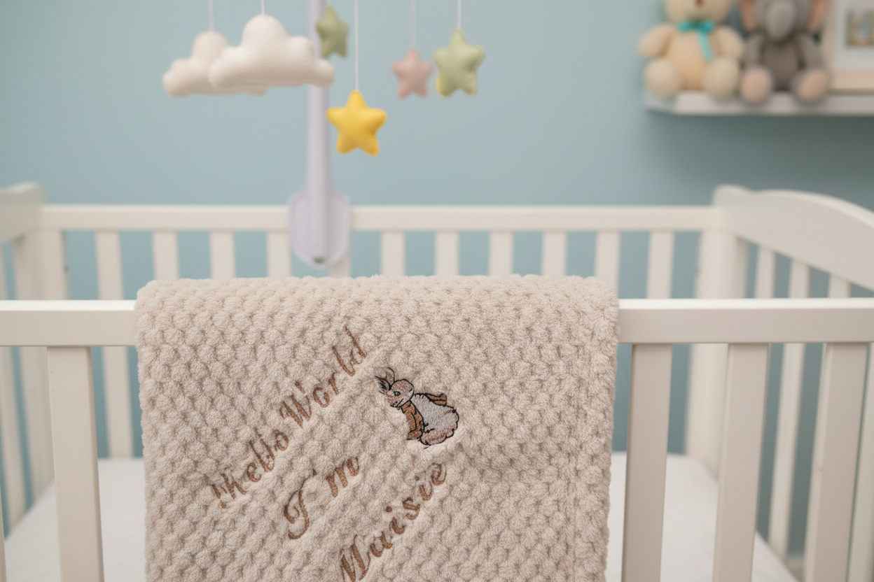 Personalised Hello World Taupe Waffle Blanket/Wrap With Embroidered Gold Rabbit Design