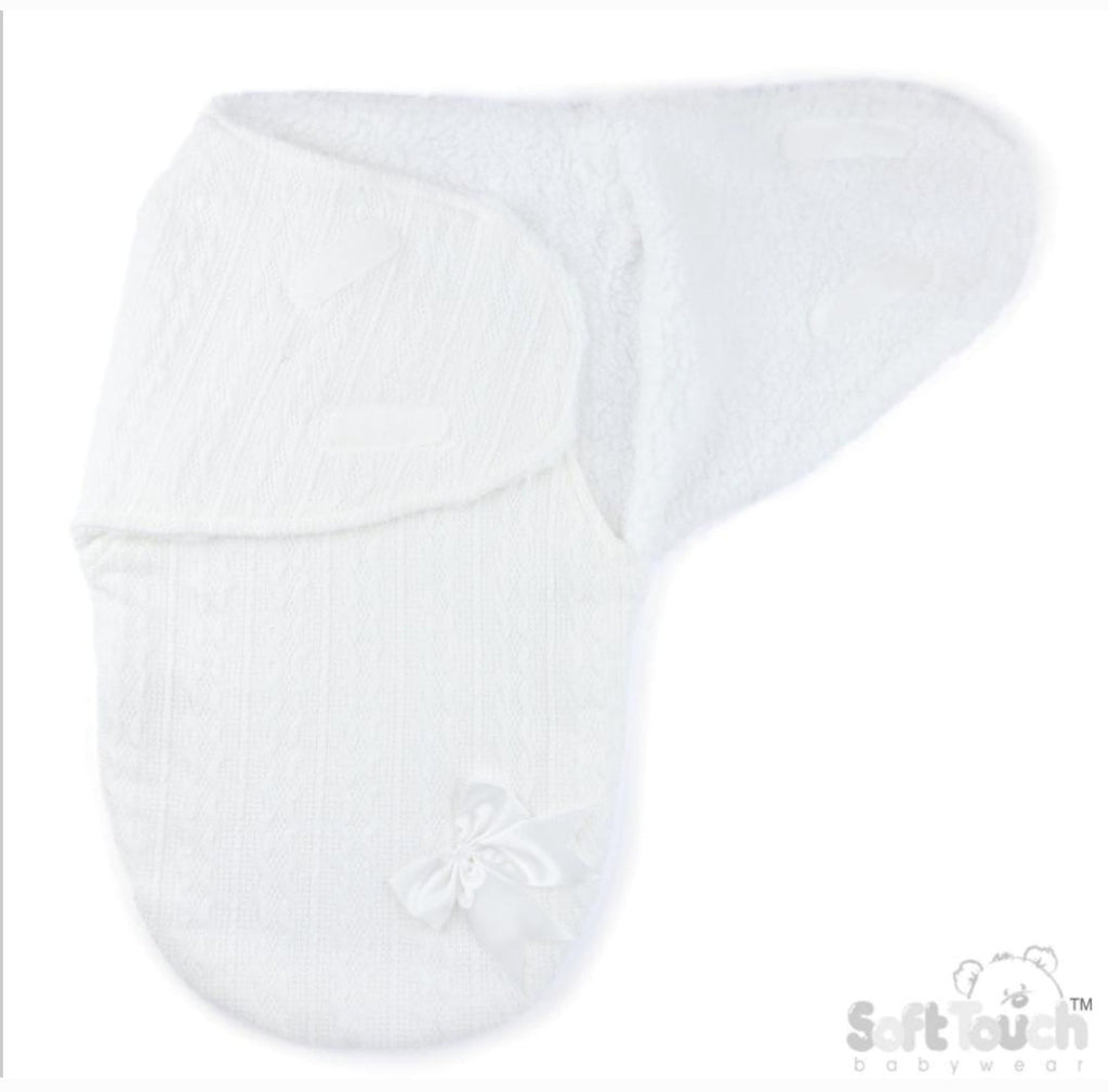 Unisex Baby White New Cable Style Swaddle With Satin Bow
