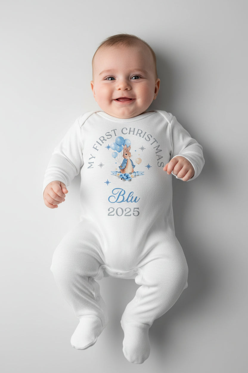 Baby Boys Personalised My First Christmas Printed Rabbit Babygro