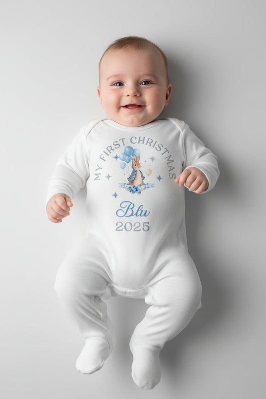 Baby Boys Personalised My First Christmas Printed Rabbit Babygro