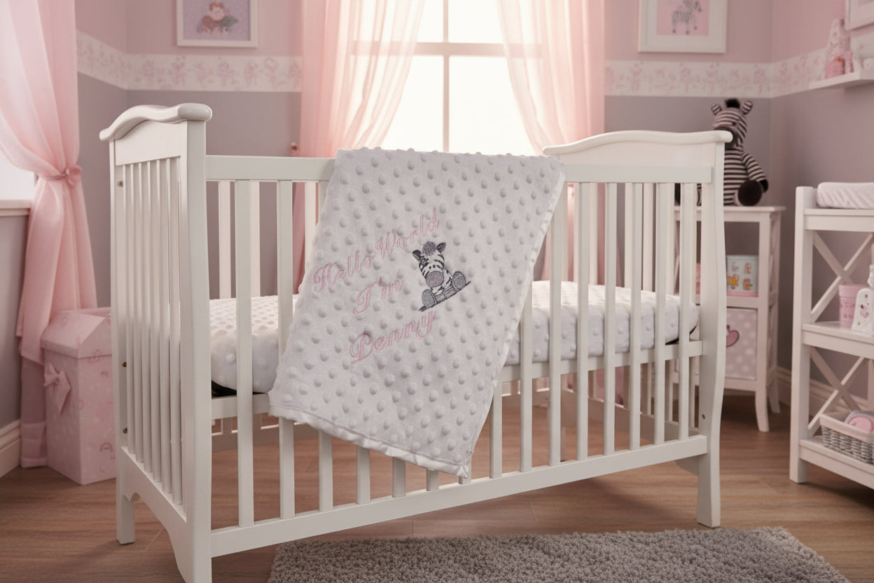 Personalised Hello World White Dimple Wrap With Pink Zebra Embroidered Design