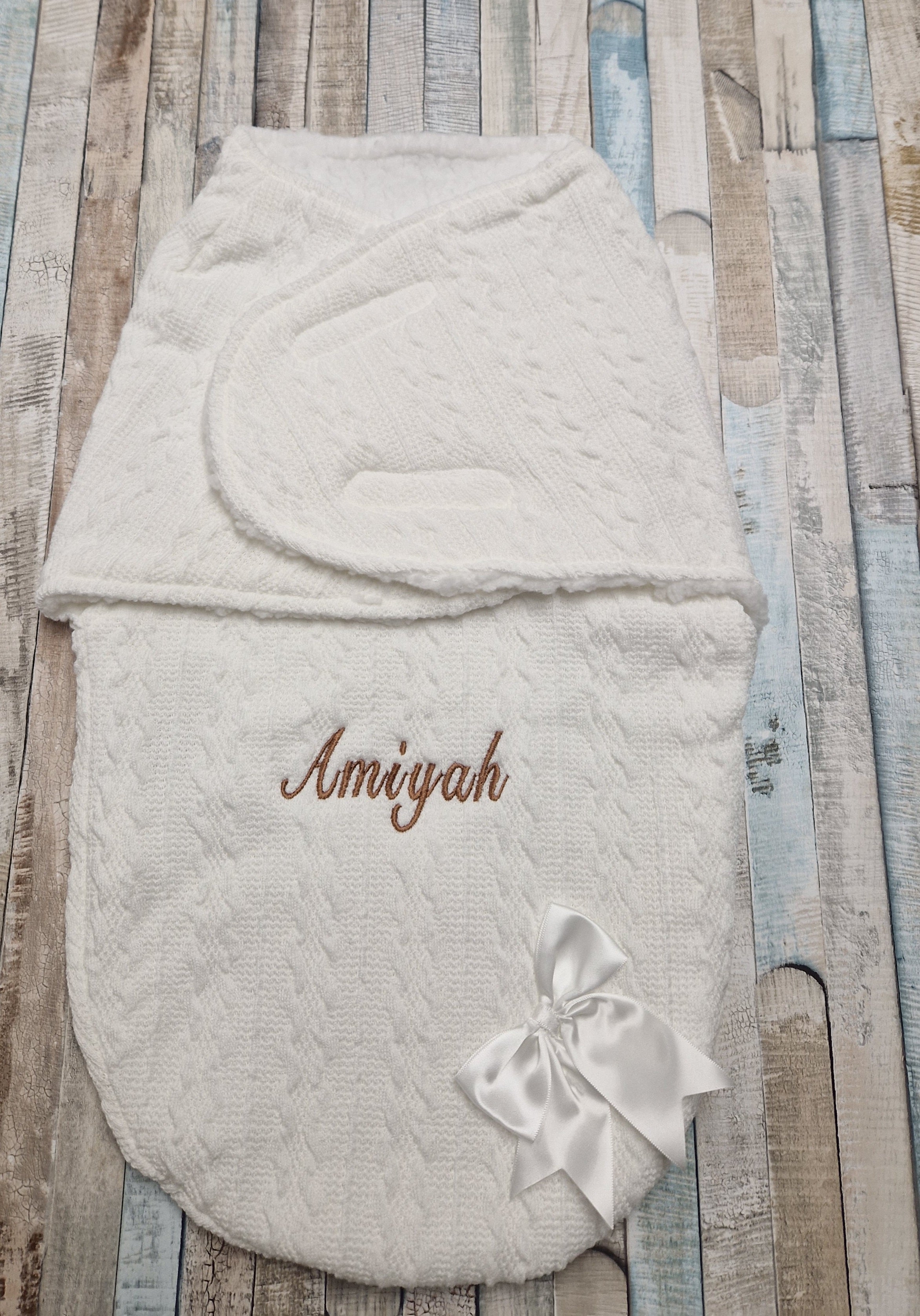 Personalised Unisex Baby White New Cable Style Swaddle With Satin Bow