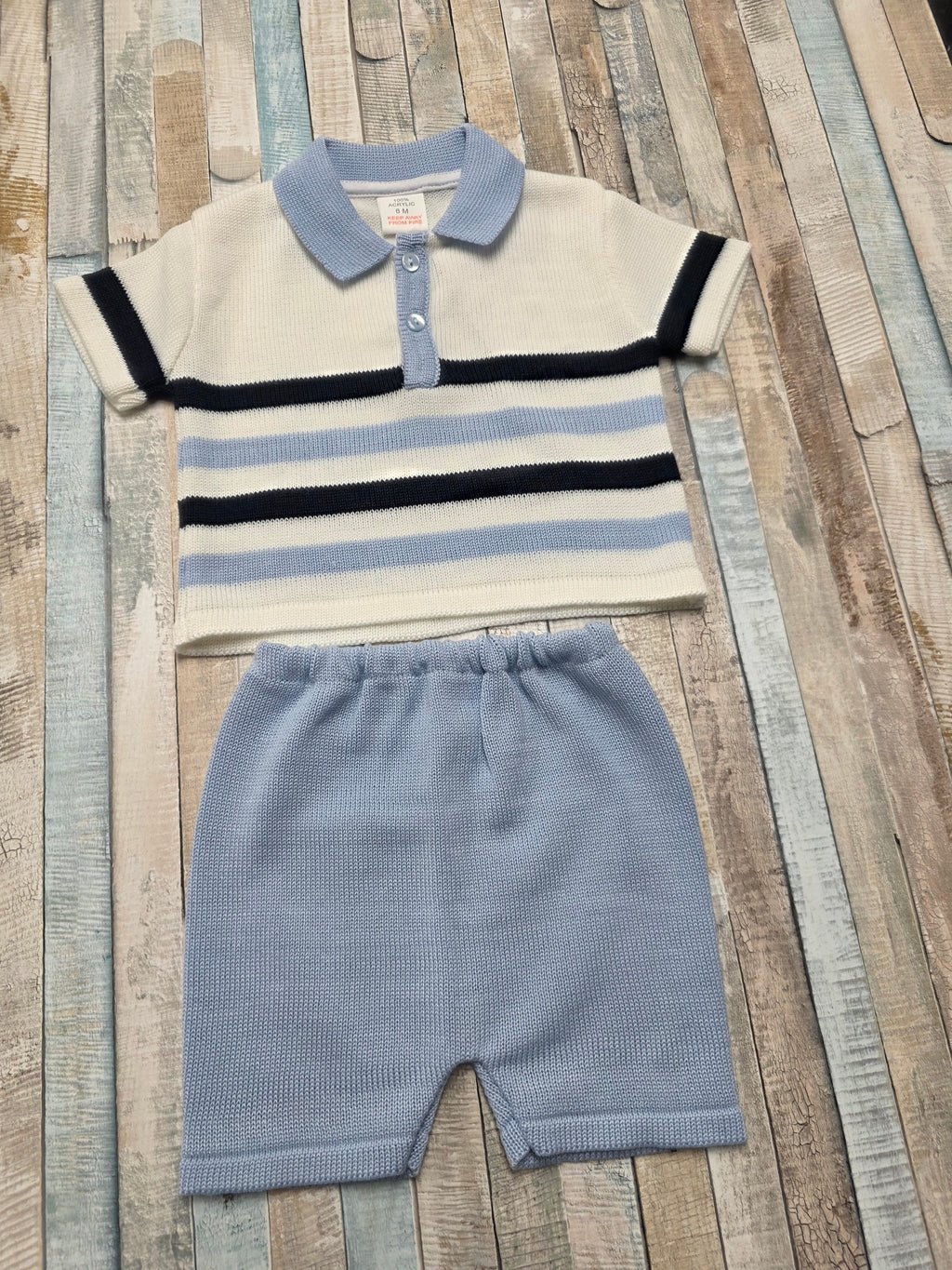 Baby Boys Blue White And Navy Striped Knitted Short Set