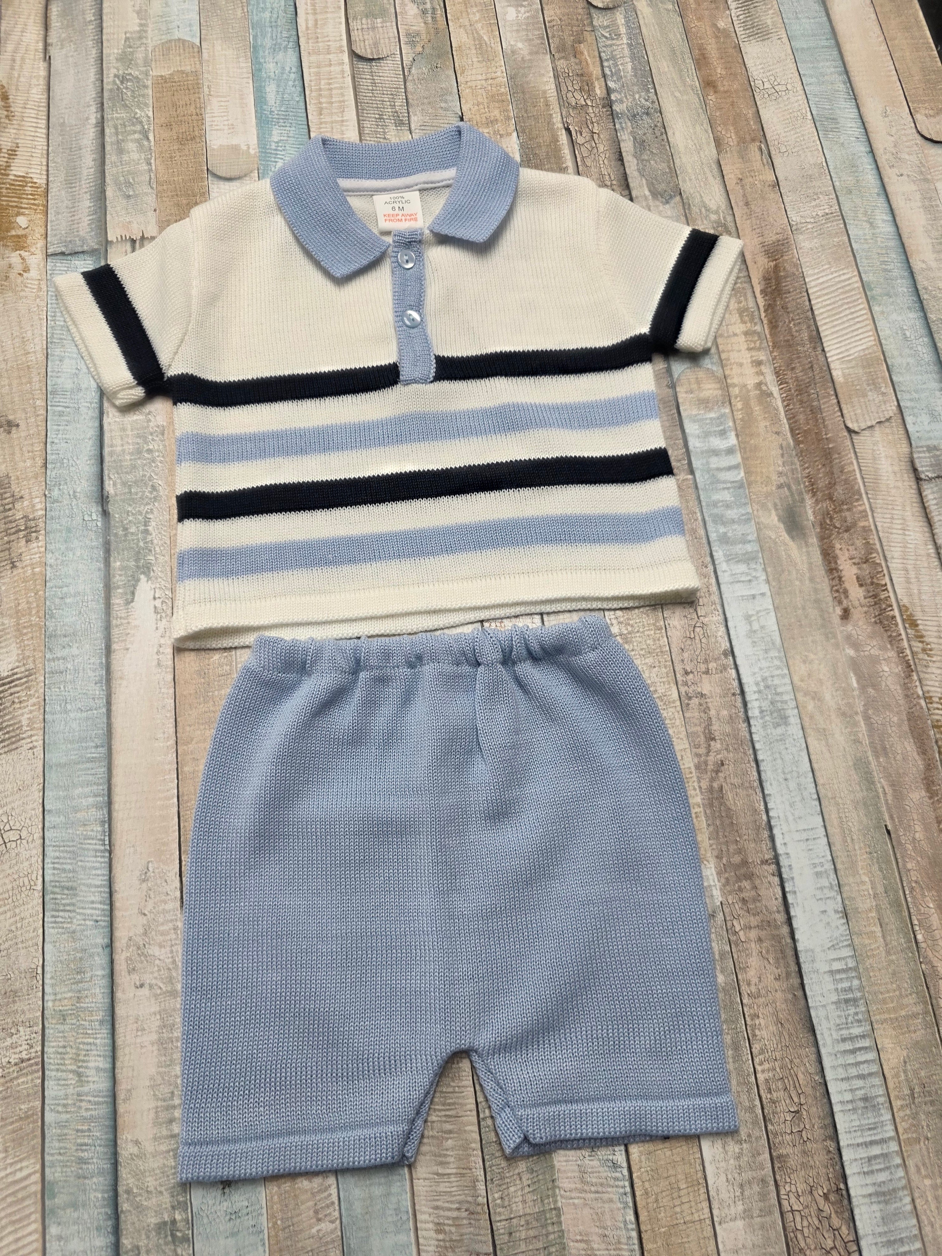 Baby Boys Blue White And Navy Striped Knitted Short Set