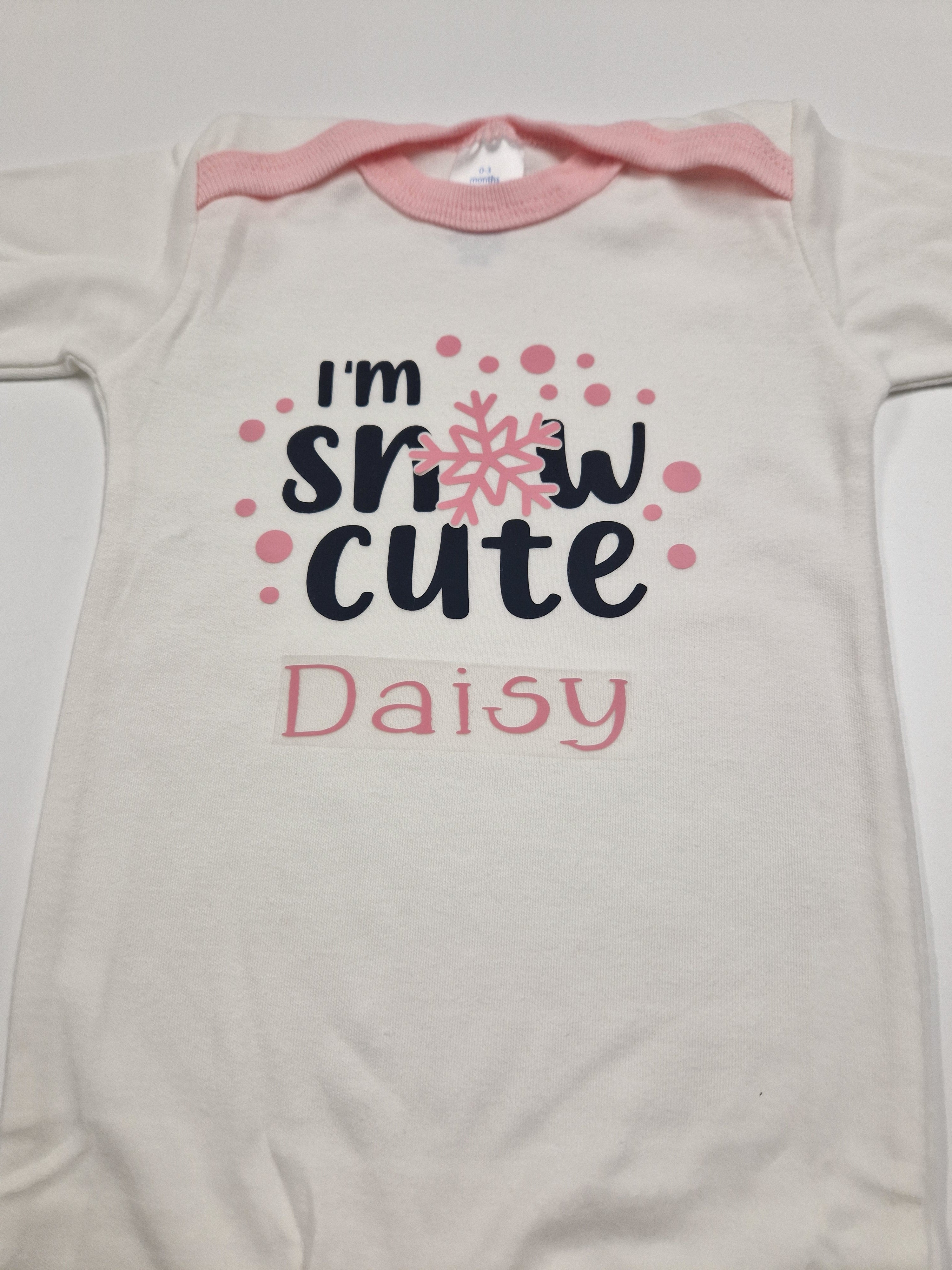 Personalised Baby Girls White And Pink Printed Snow Cute Babygro