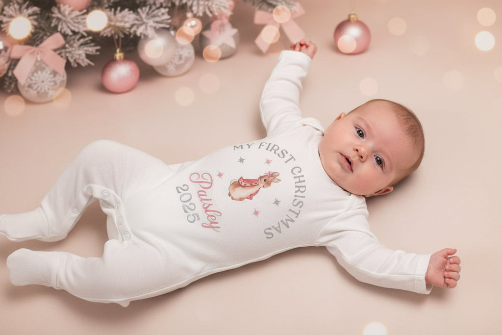 Baby Girls Personalised My First Christmas Printed Rabbit Babygro
