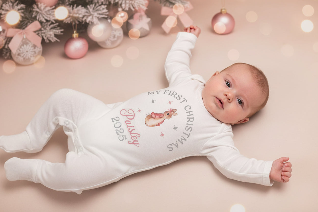 Baby Girls Personalised My First Christmas Printed Rabbit Babygro