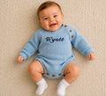 Personalised Baby Boys Blue Knitted Long Sleeved Romper