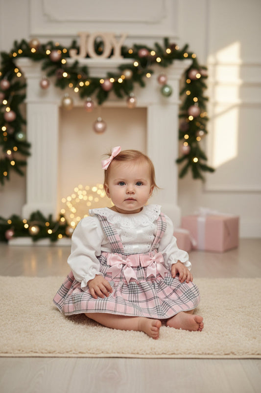 Baby Girls Pink And Grey Tartan Jam Pants With White Blouse