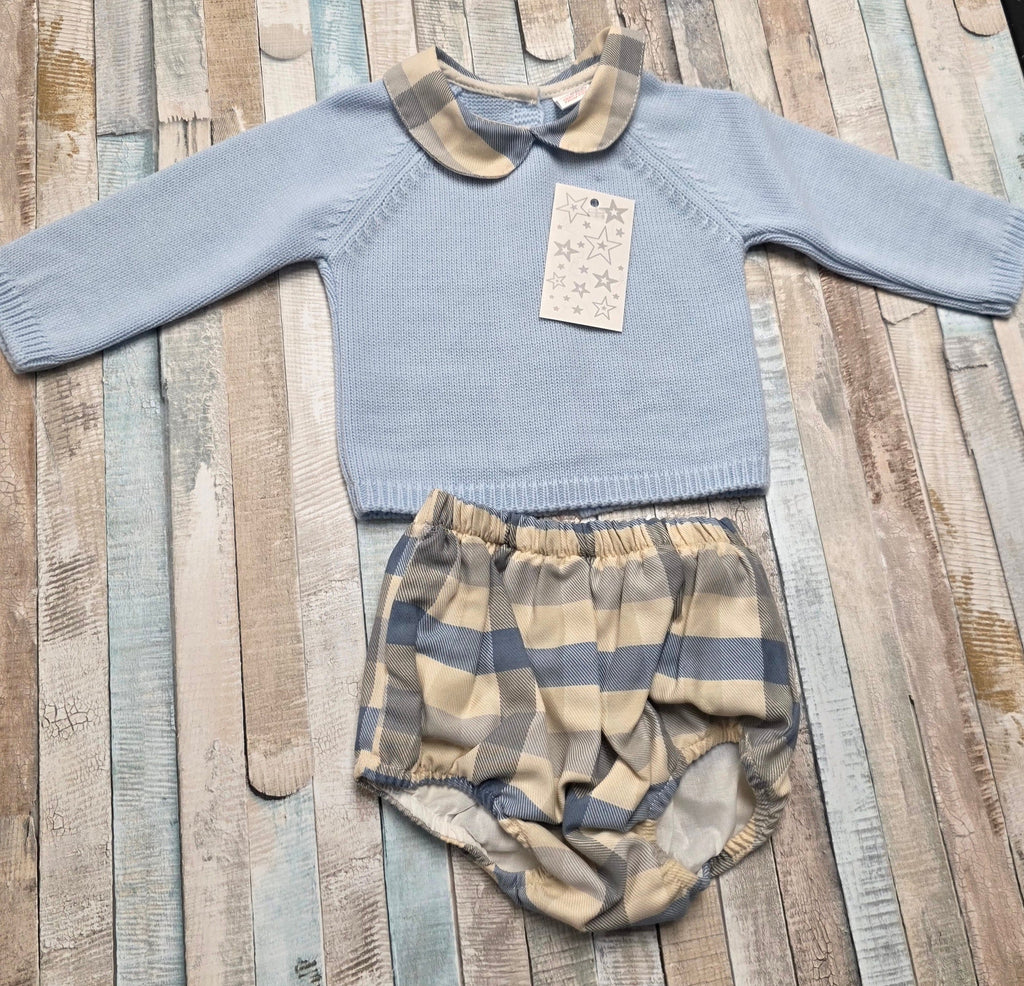 Baby Boys Blue And Cream Top and Jam Pants Set With Checked Trim And Pants