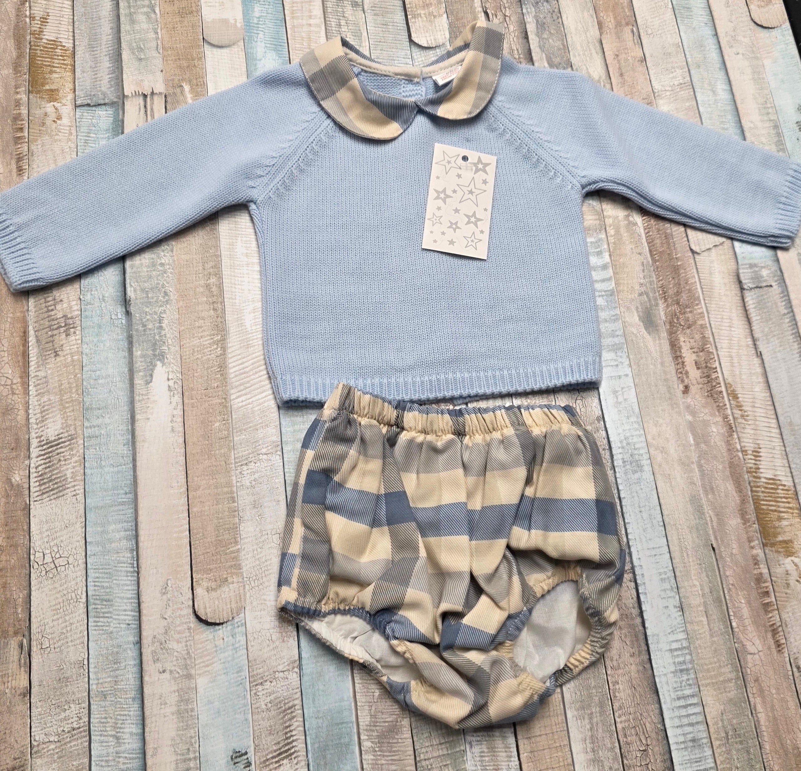 Baby Boys Blue And Cream Top and Jam Pants Set With Checked Trim And Pants