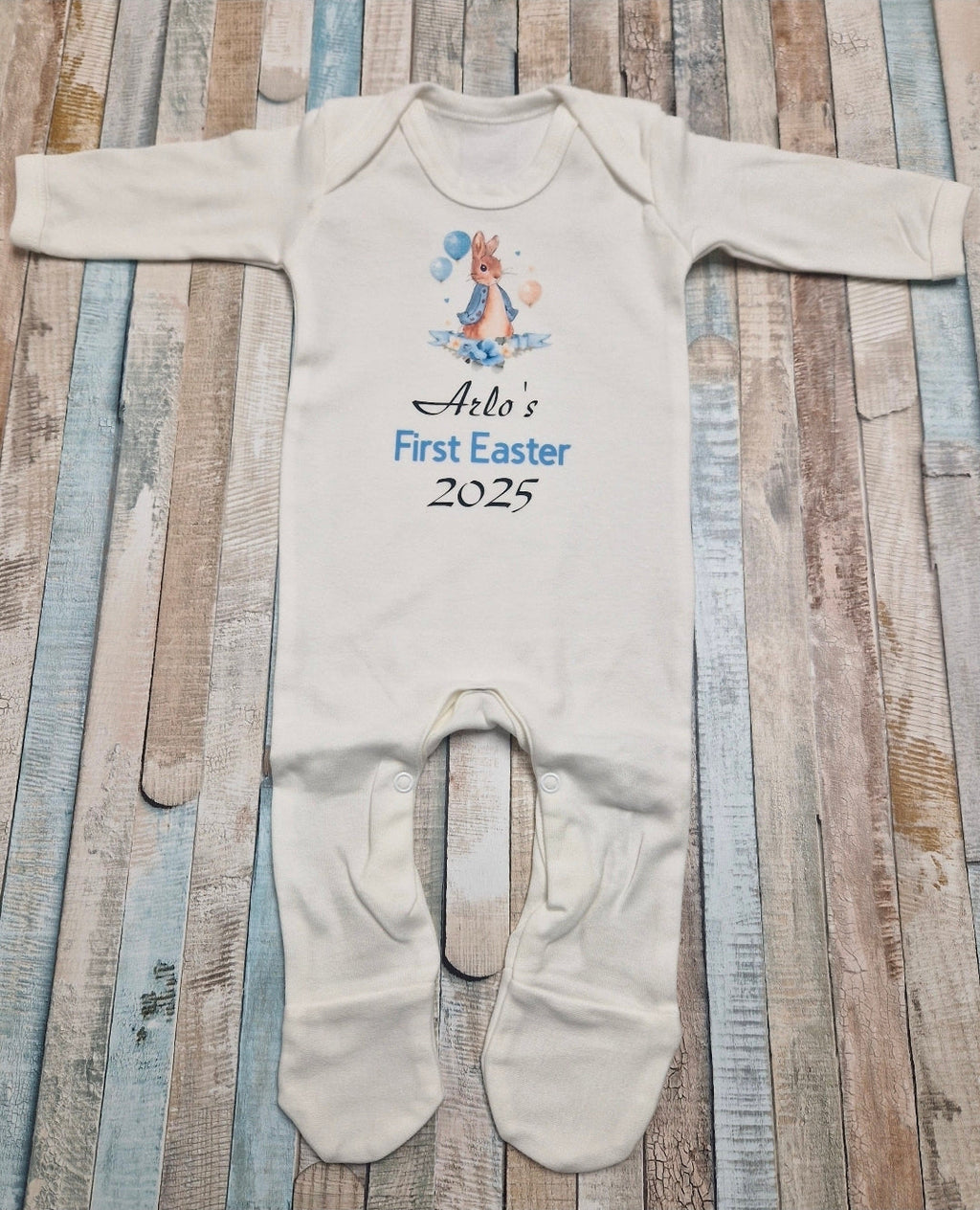 Baby Boys White Personalised First Easter Babygro With Printed Blue Rabbit