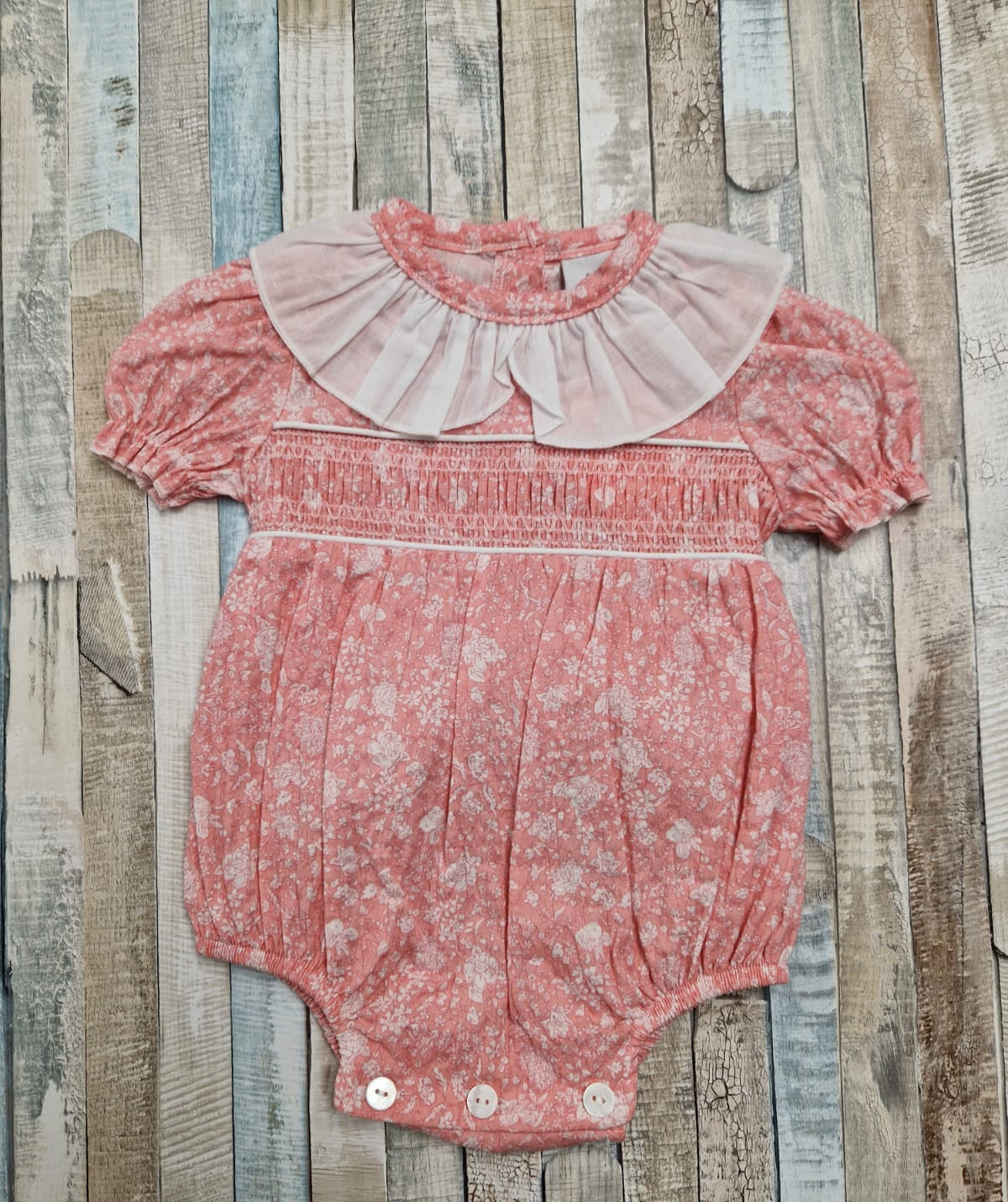 Nana's Special Buy Baby Girls Coral And White Smocked Cotton Romper