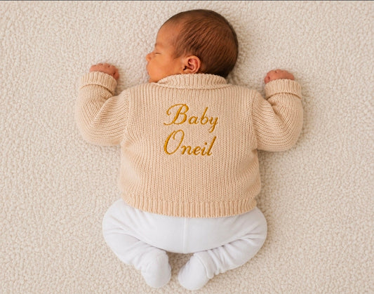 Unisex Baby Beige Personalised Baby And Name V Neck Cardigan