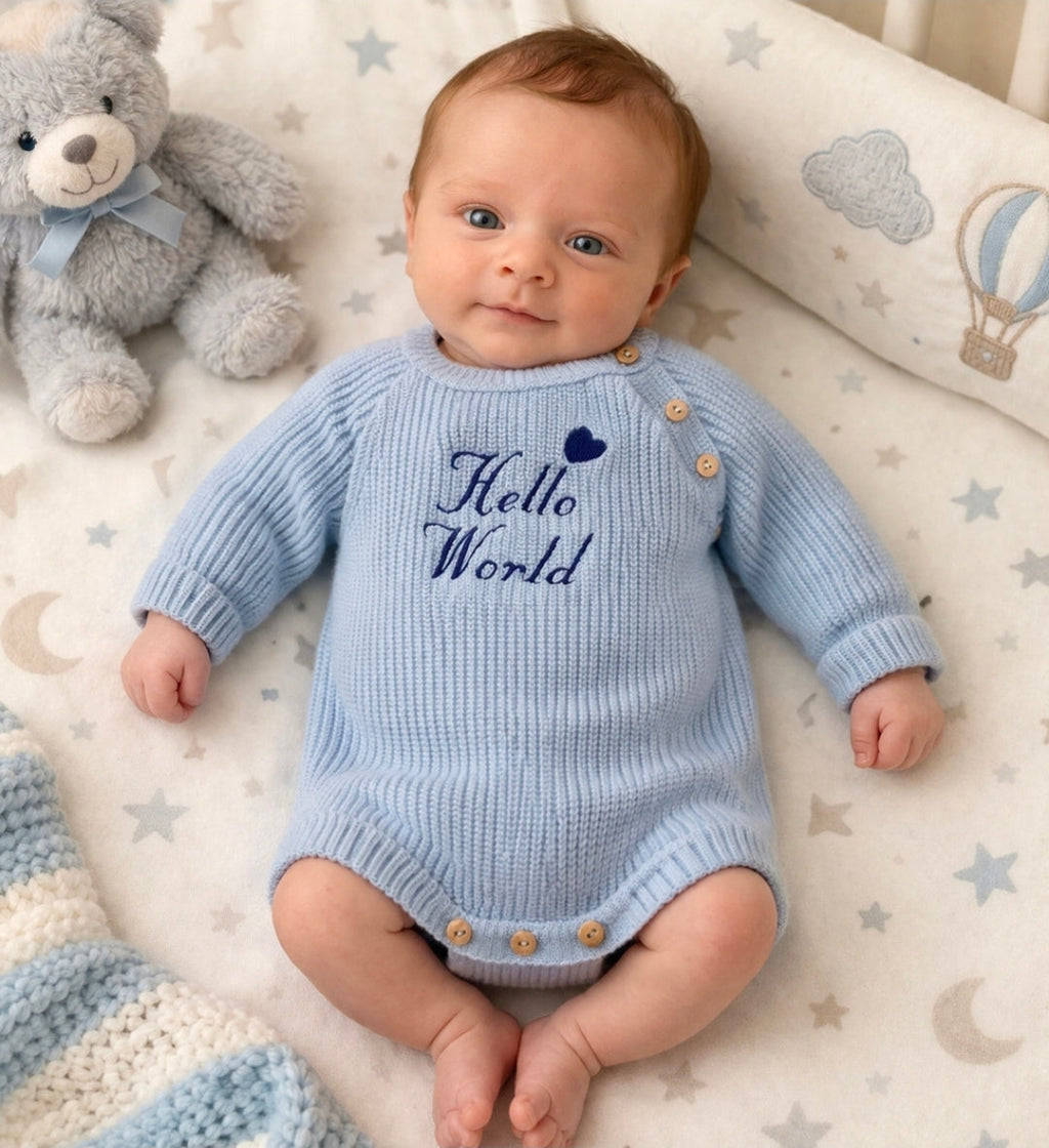 Nana B Baby Boys Blue Hello World Long Sleeved Romper And Beanie Hat