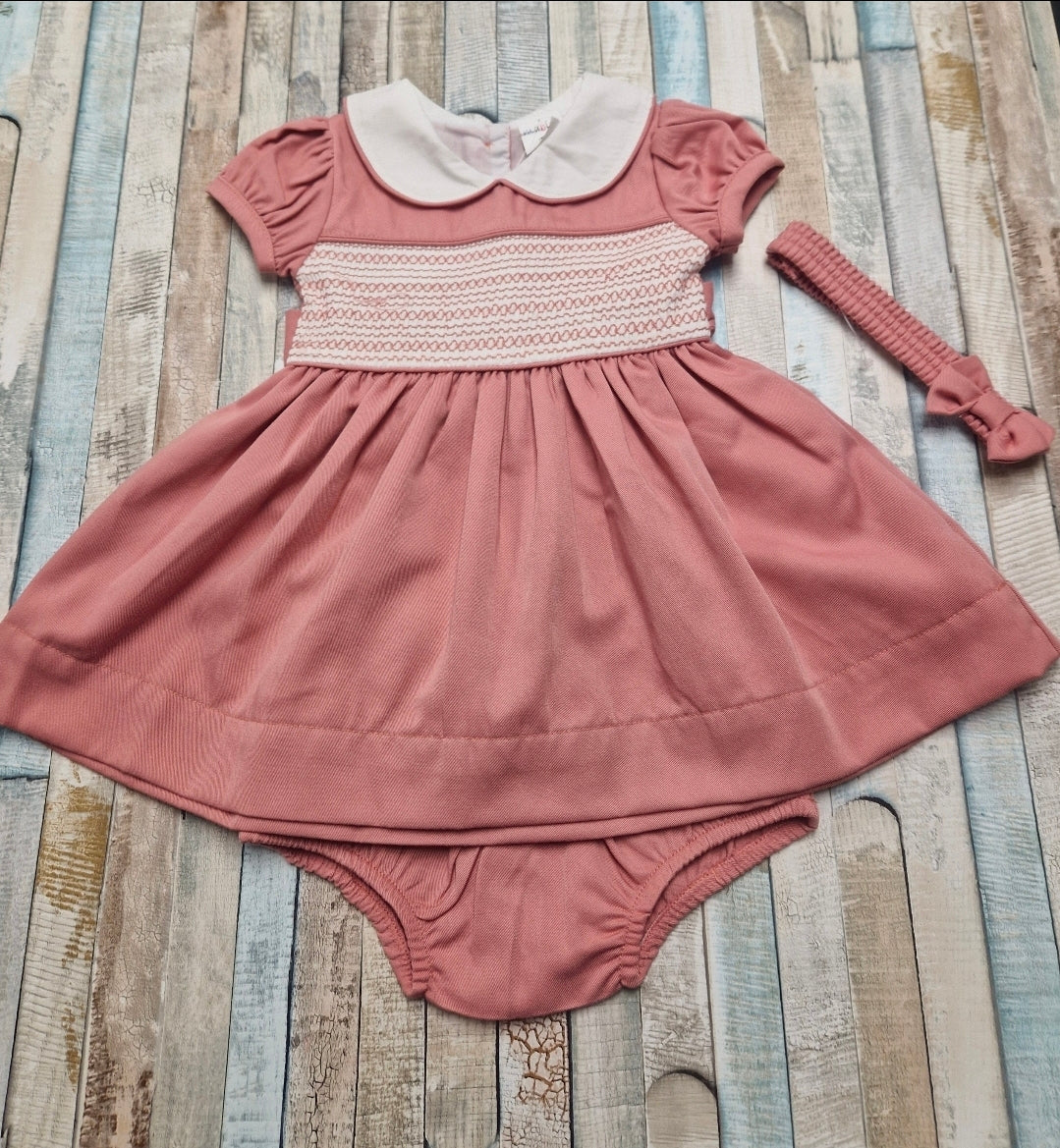 Baby Girls Pink Smocked Dress With Matching Pants And Headband