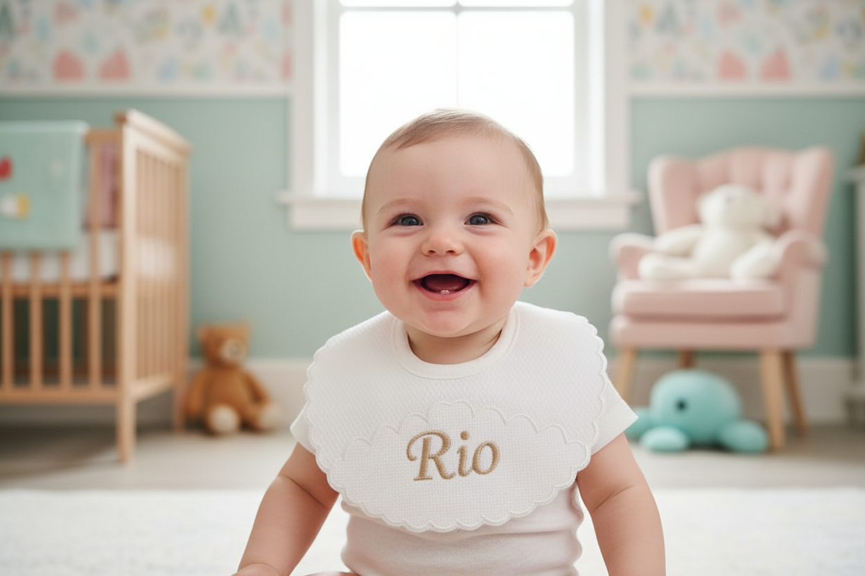 Unisex Baby White Personalised Bib With Tie Neck