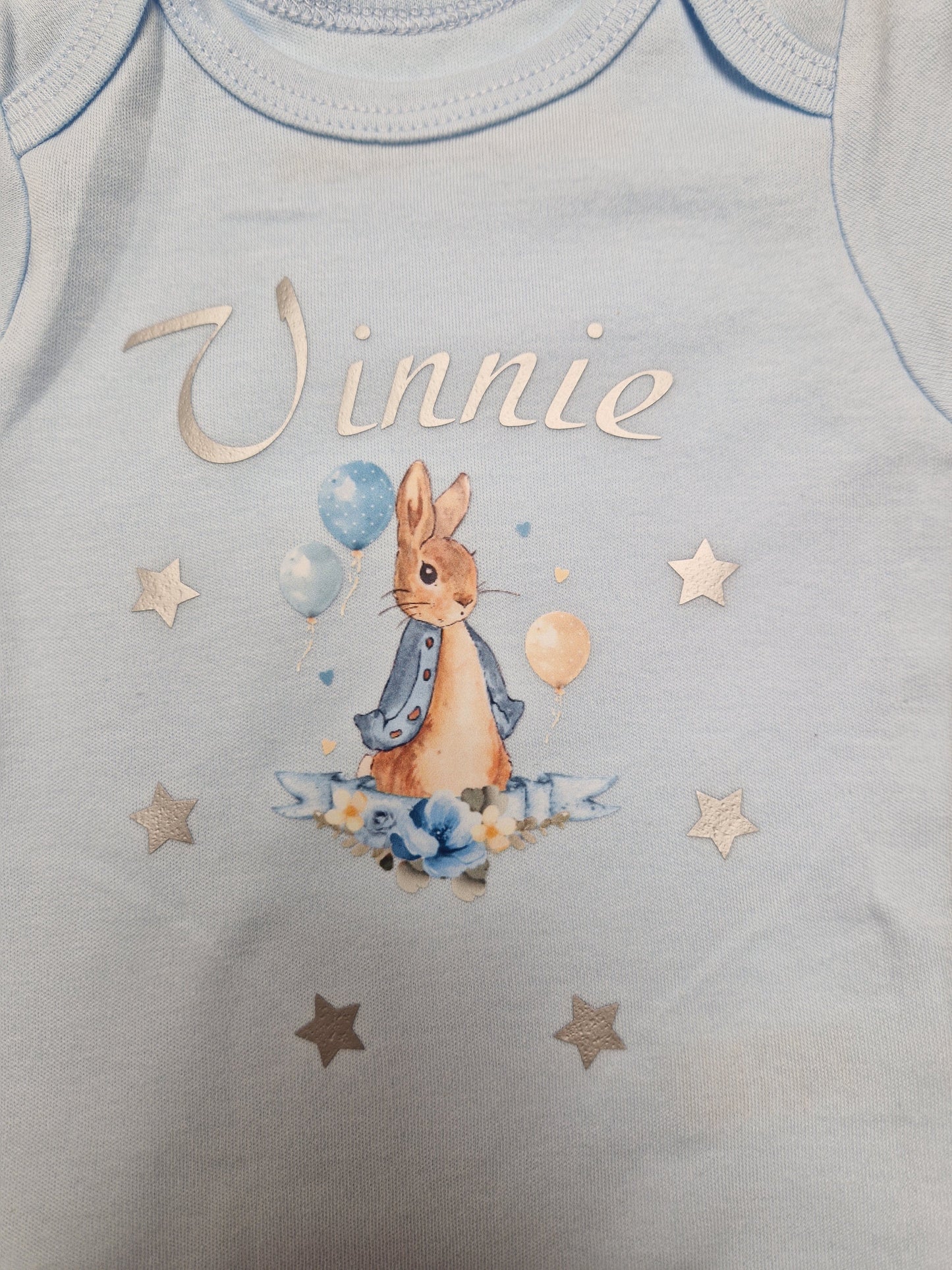 Baby Boys Personalised Blue Printed Rabbit And Stars Vest