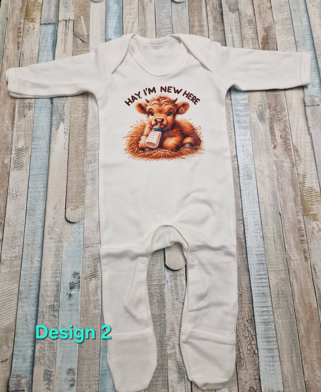 Personalised Baby Highland Cow Hay Im New Here Printed Newborn Babygro