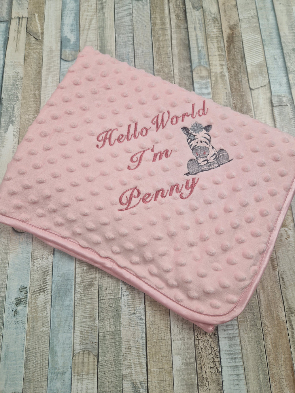 Personalised Hello World Pink Dimple Wrap With Pink Zebra Embroidered Design