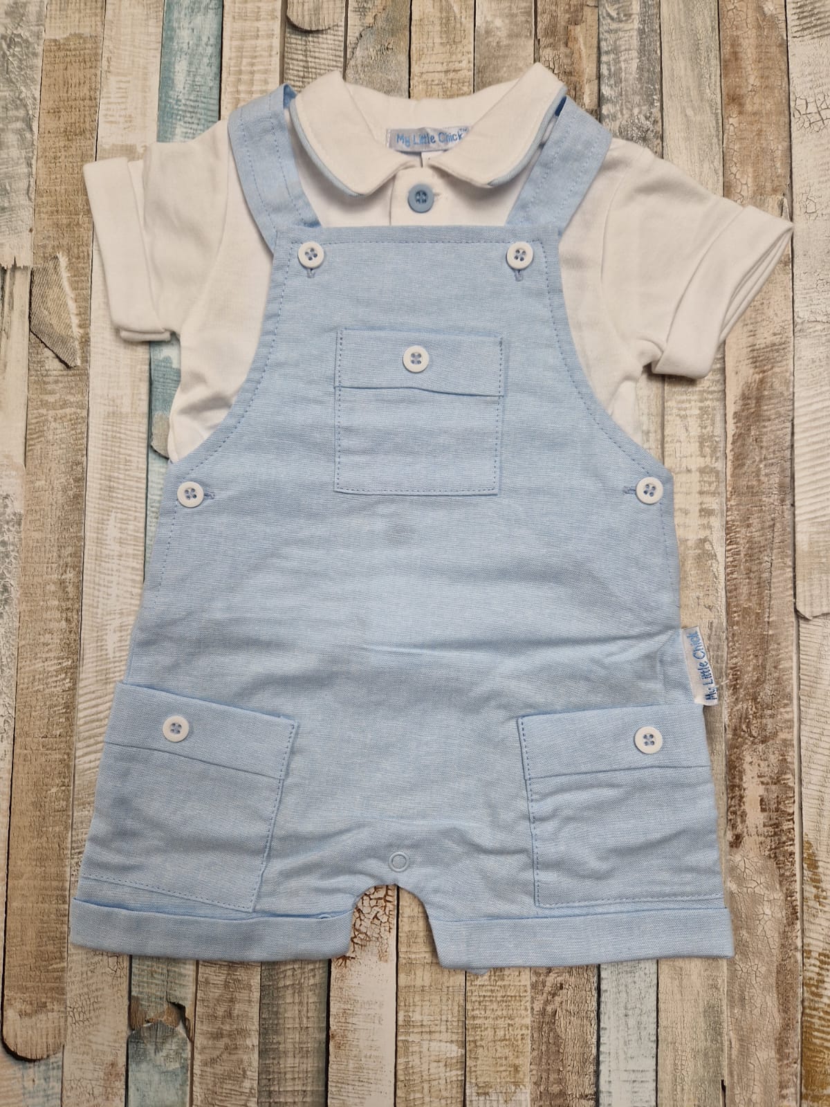 Baby Boys Blue And White 2 Piece Dungaree Short Set With Pocket