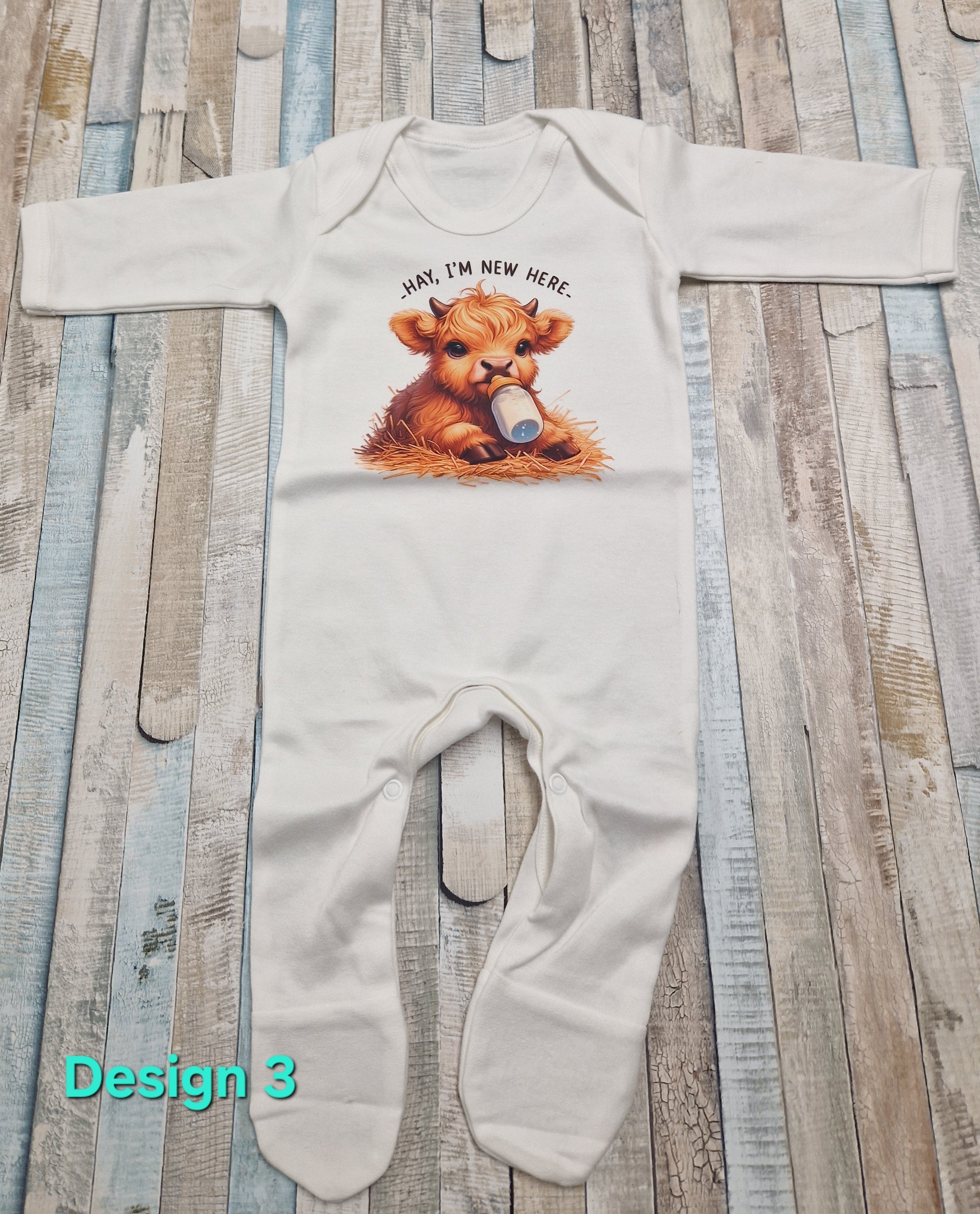 Personalised Baby Highland Cow Hay Im New Here Printed Newborn Babygro