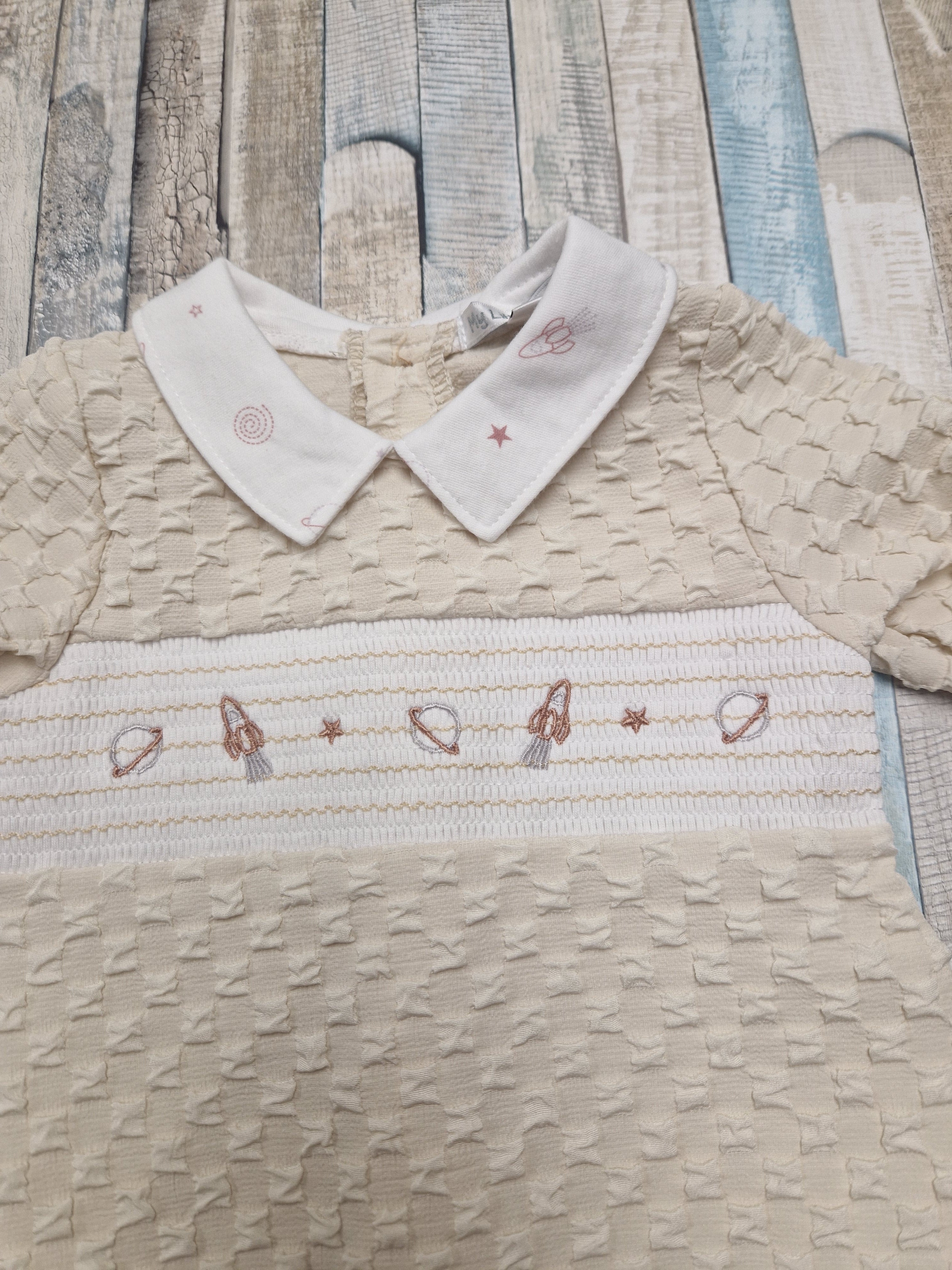 Baby Boys Beige Space Design Smocked Babygro