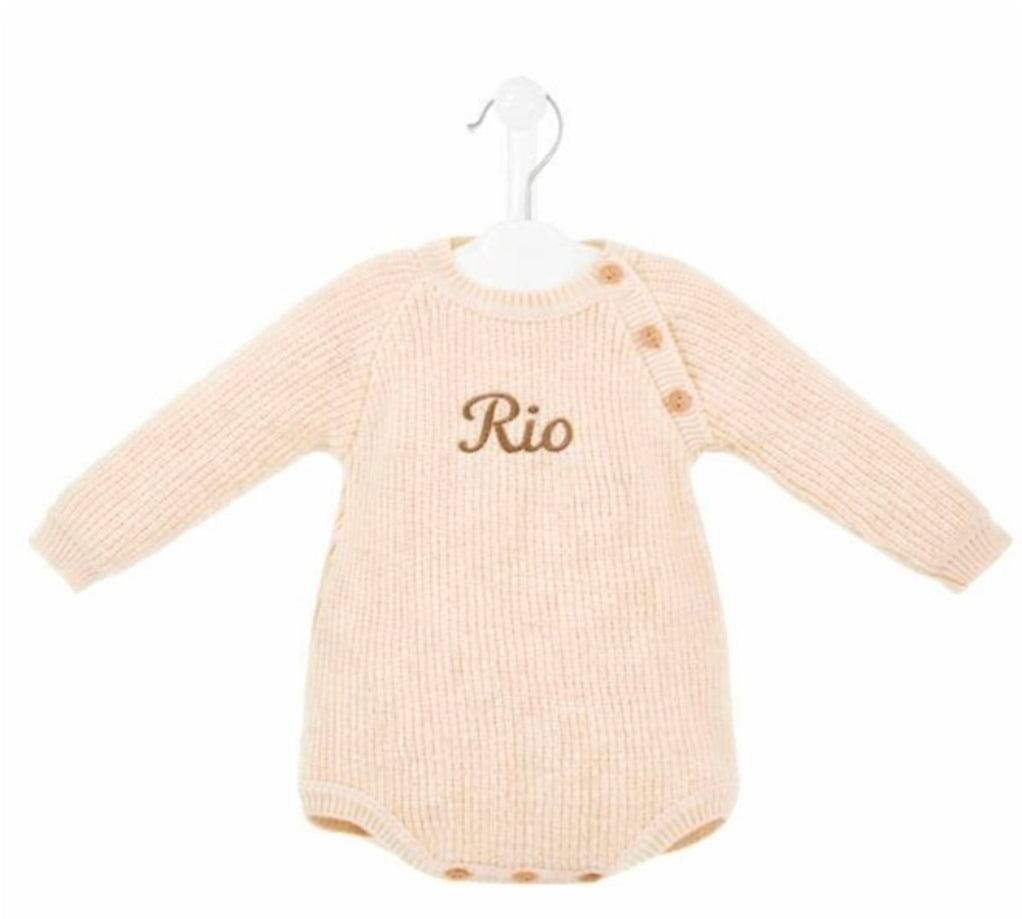 Personalised Unisex Baby Beige Knitted Long Sleeved Romper