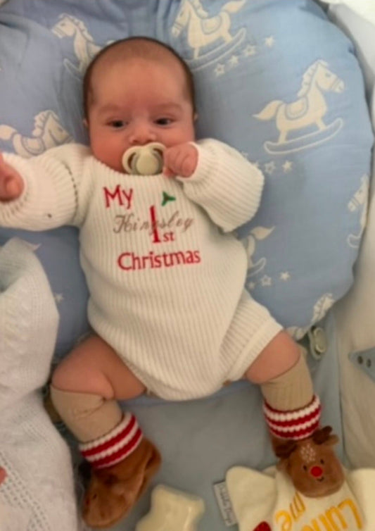 Baby 1st Christmas Personalised White Knitted Romper