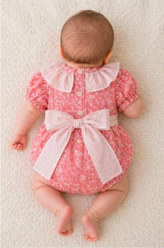 Nana's Special Buy Baby Girls Coral And White Smocked Cotton Romper