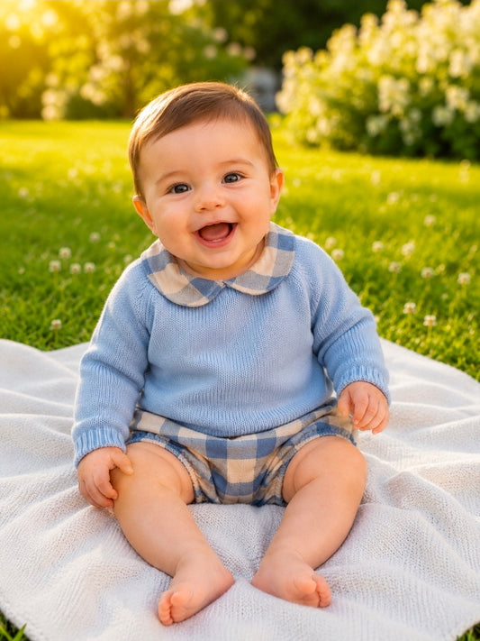 Baby Boys Blue And Cream Top and Jam Pants Set With Checked Trim And Pants