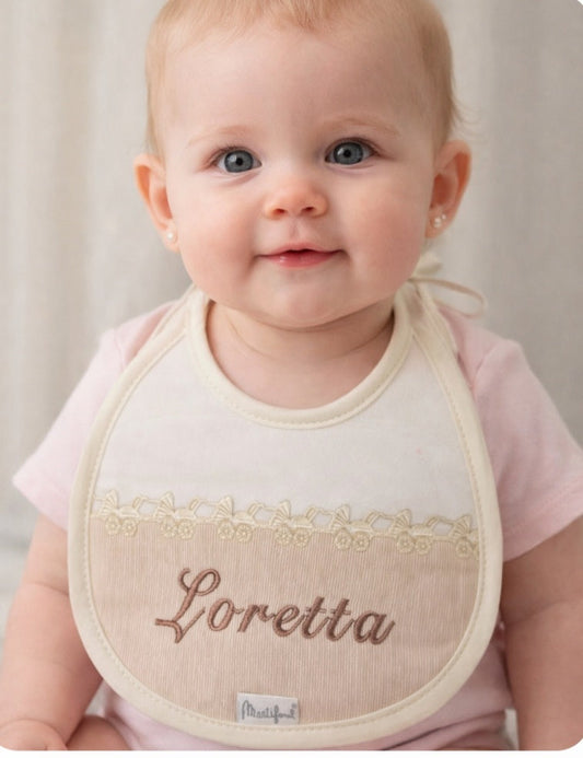 Unisex Baby Personalised White And Beige Tie Bib