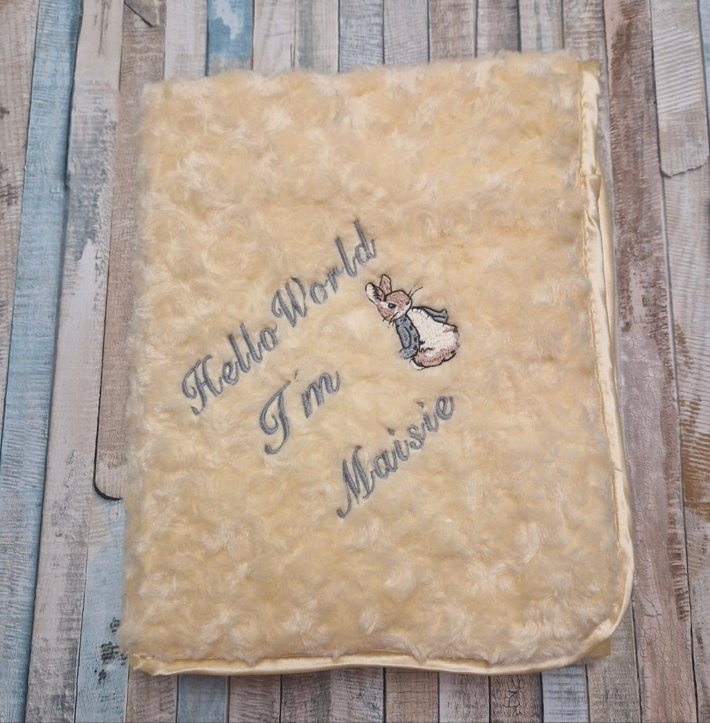 Personalised Hello World Lemon Soft Rose Blanket/Wrap With Embroidered Grey Rabbit Design