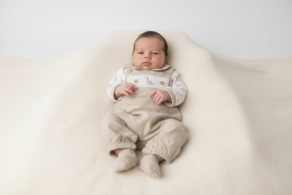 Baby Boys Beige Smocked Dinosaur 2 Piece Dungaree Set