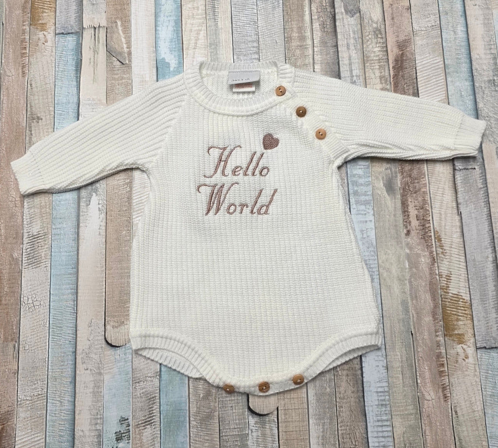 Nana B Unisex Baby White Hello World Romper With Beanie Hat