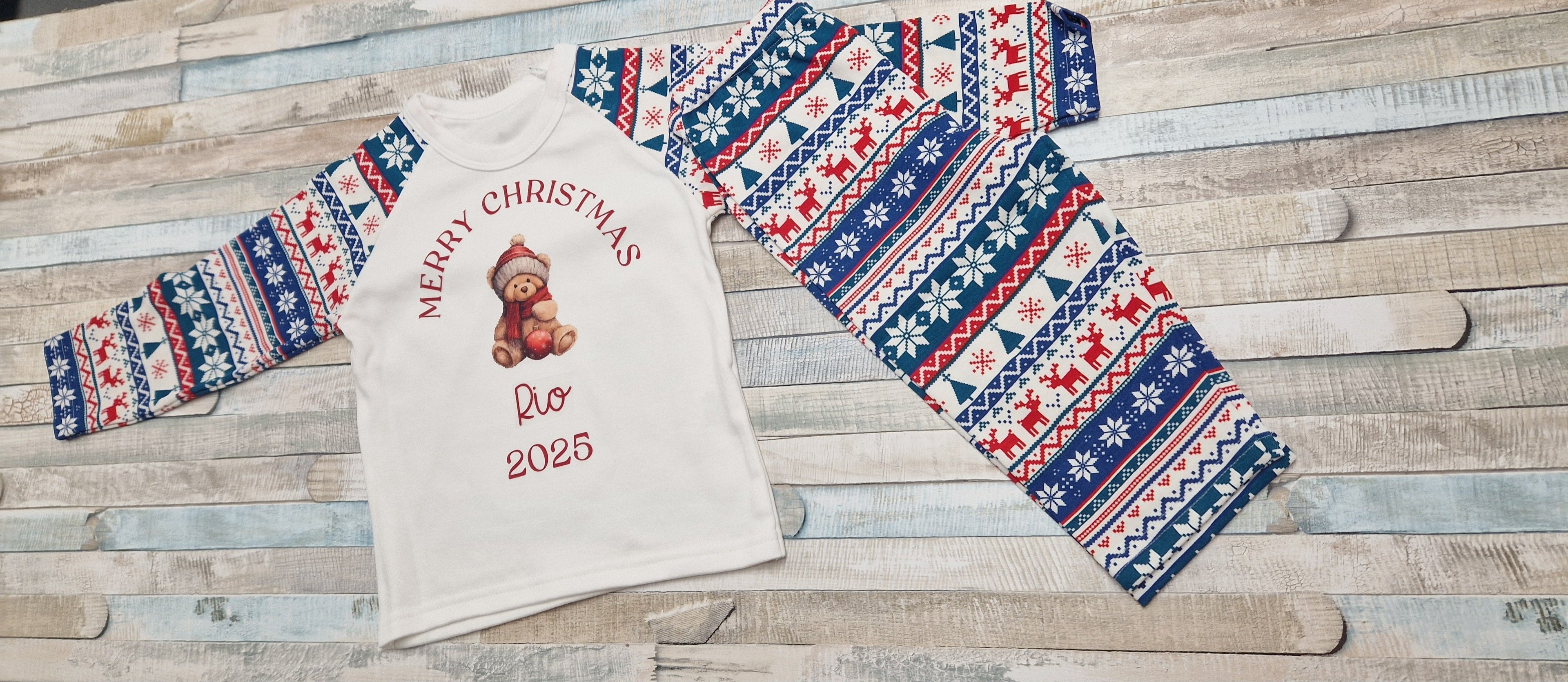Personalised Red And Blue Christmas Design Pyjamas