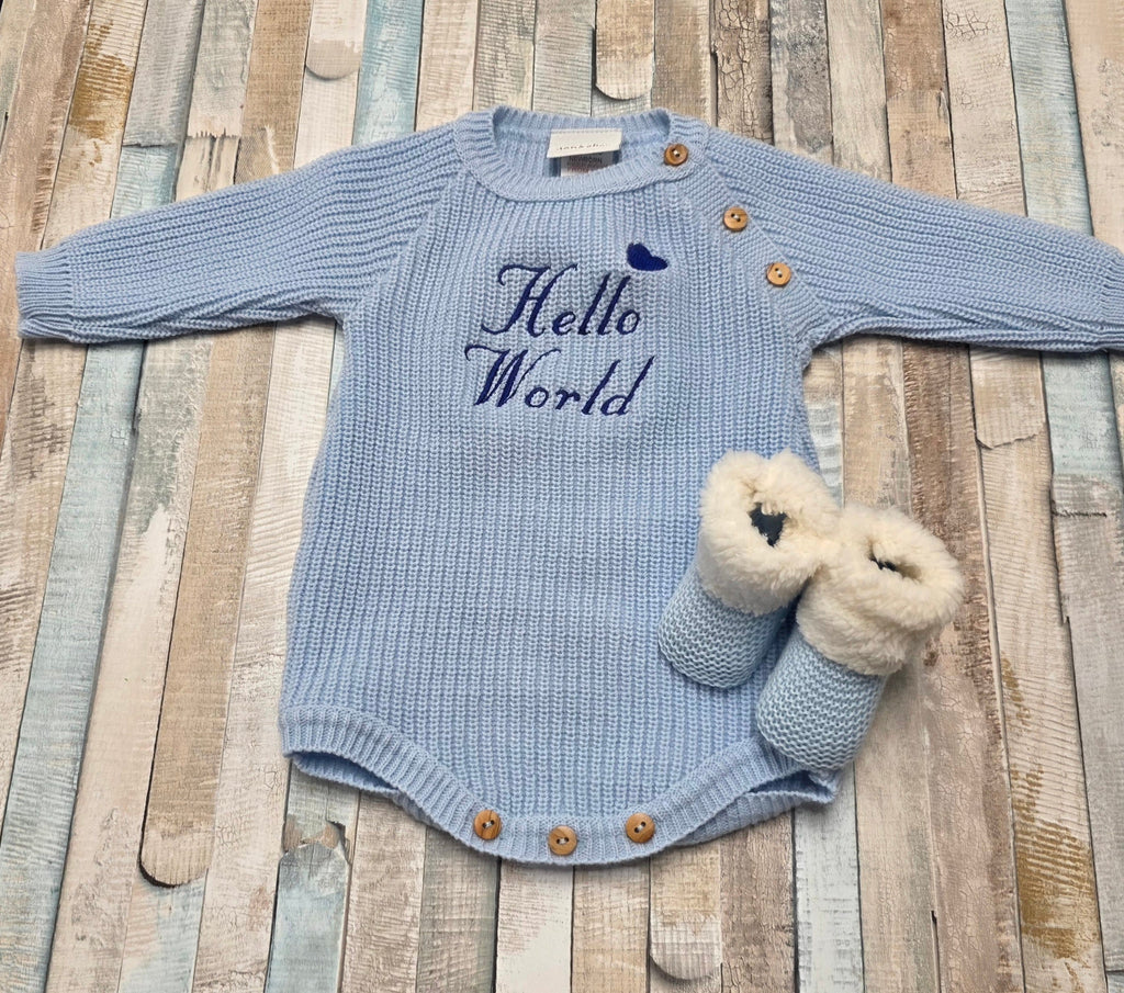 Nana B Baby Boys Blue Hello World Long Sleeved Romper And Beanie Hat