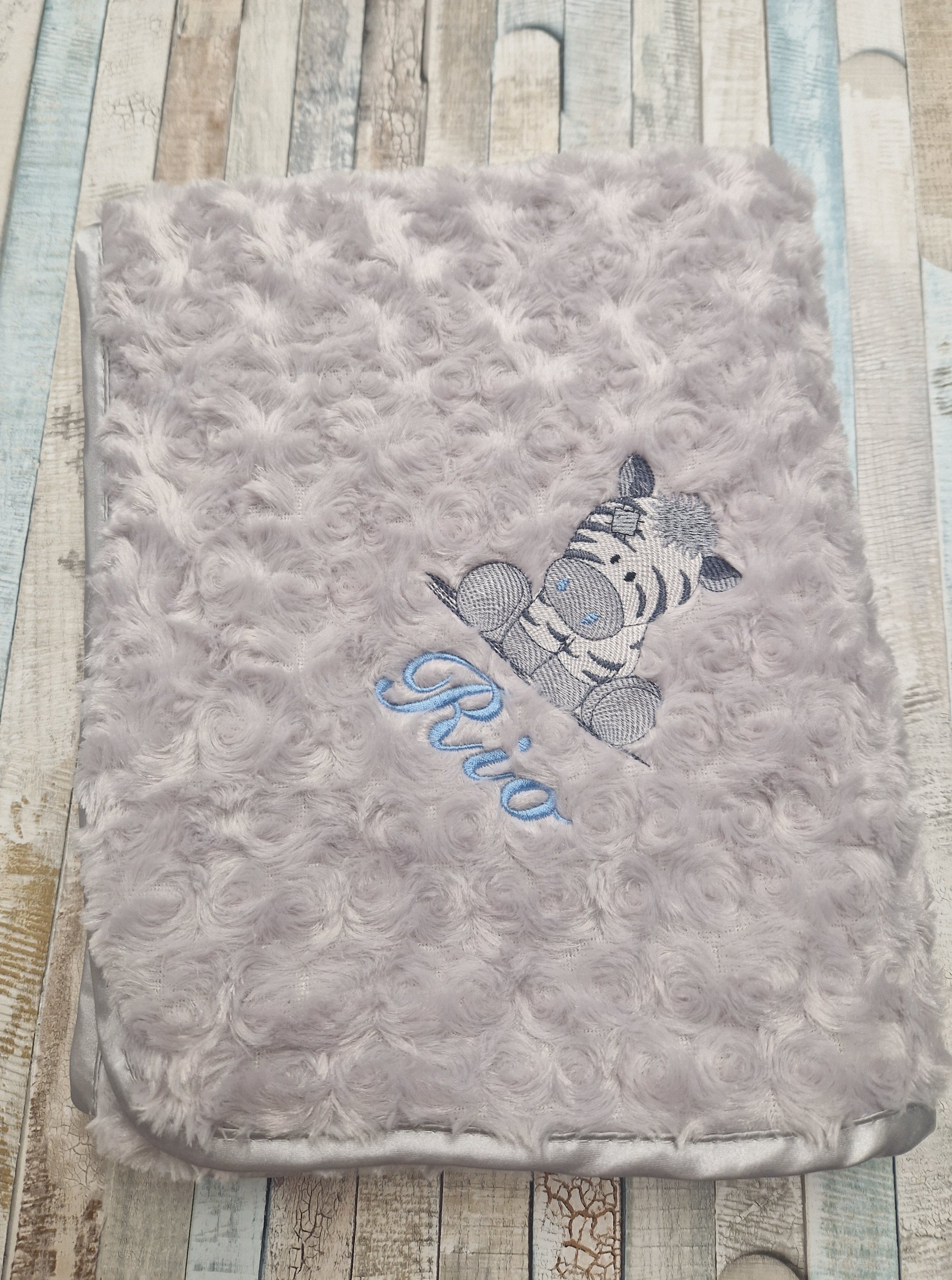 Baby Boys Personalised Blue Ziggy Zebra On Grey Soft Rose Wrap