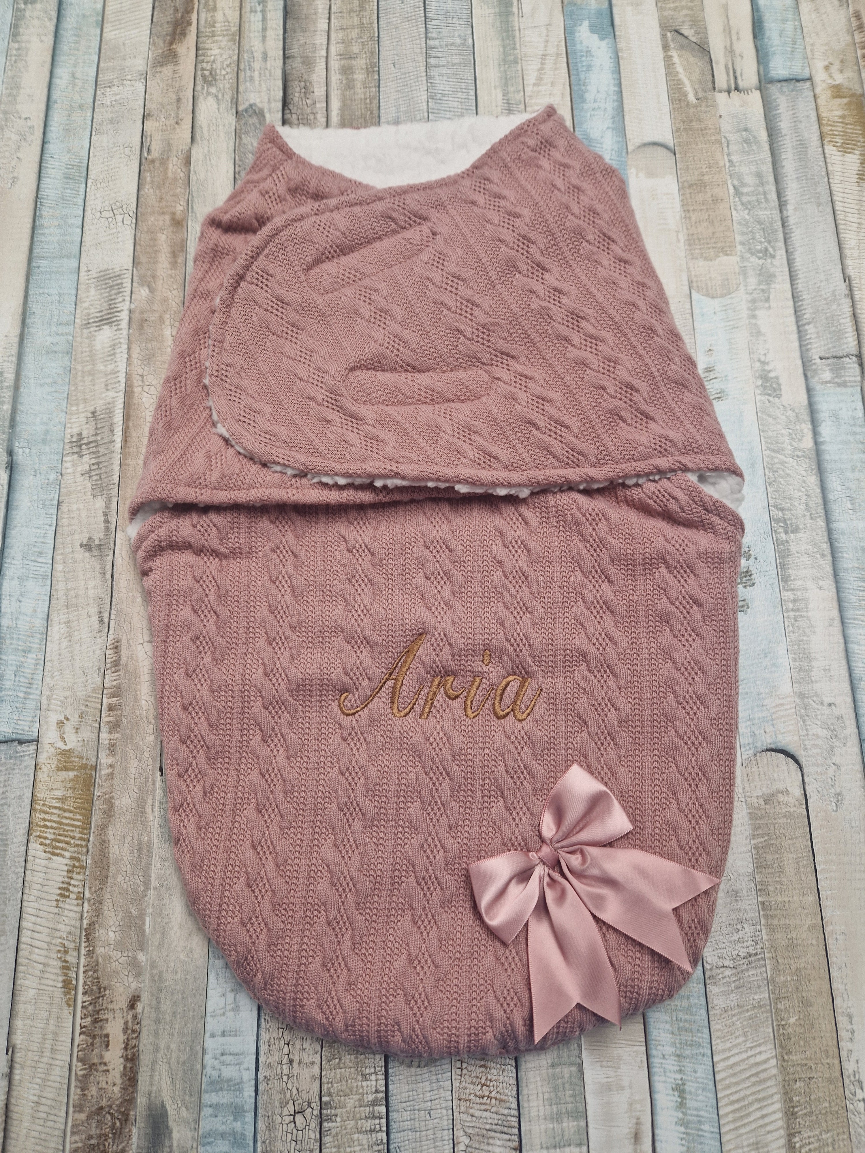 Personalised Baby Girls Dusky Pink New Cable Style Swaddle With Satin Bow