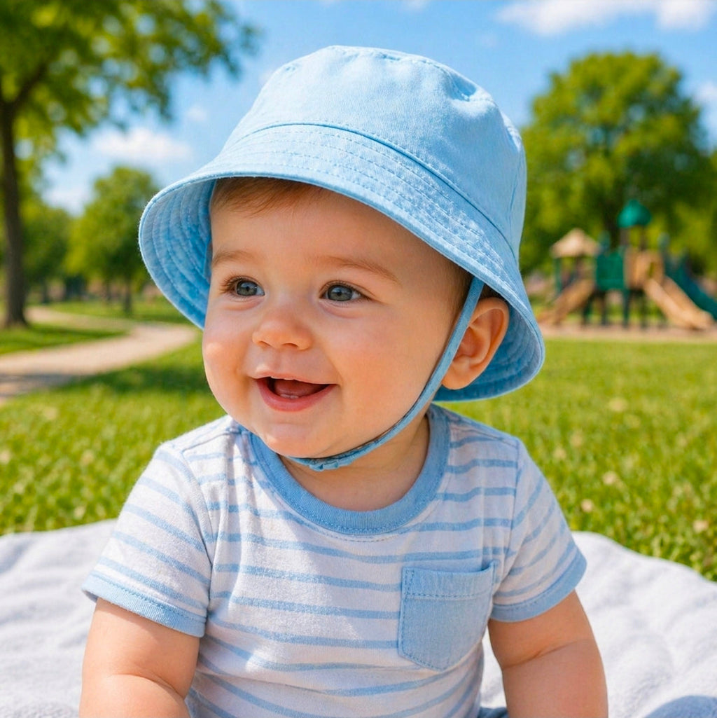 Personalised Baby Boys Blue Bucket Hat With Chin Strap