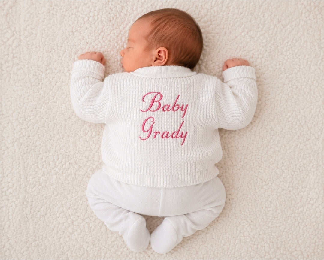Unisex Baby White Personalised Baby And Name V Neck Cardigan