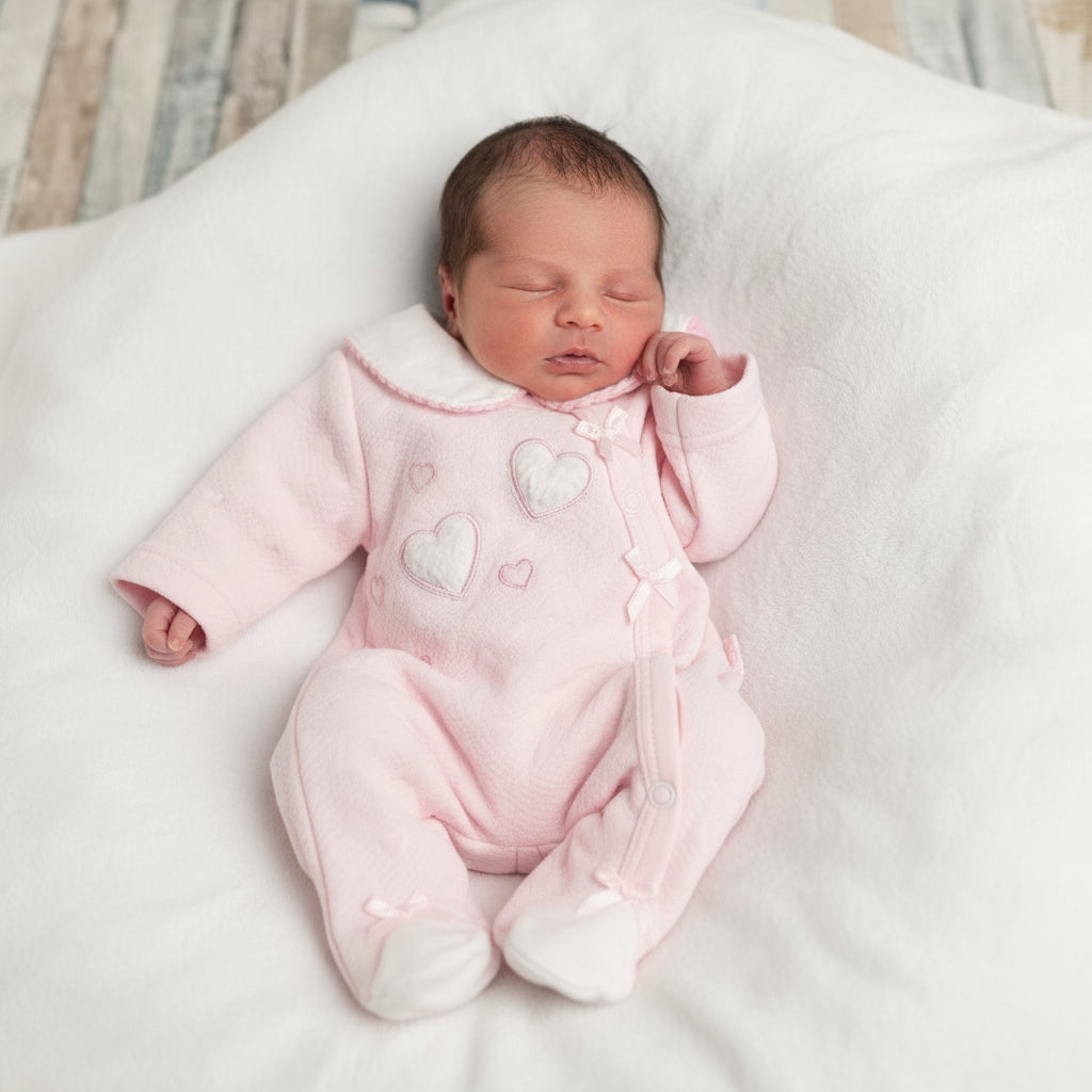 Premature Baby Girls Pink Faux Fur And Embroidered Hearts Design Babygro
