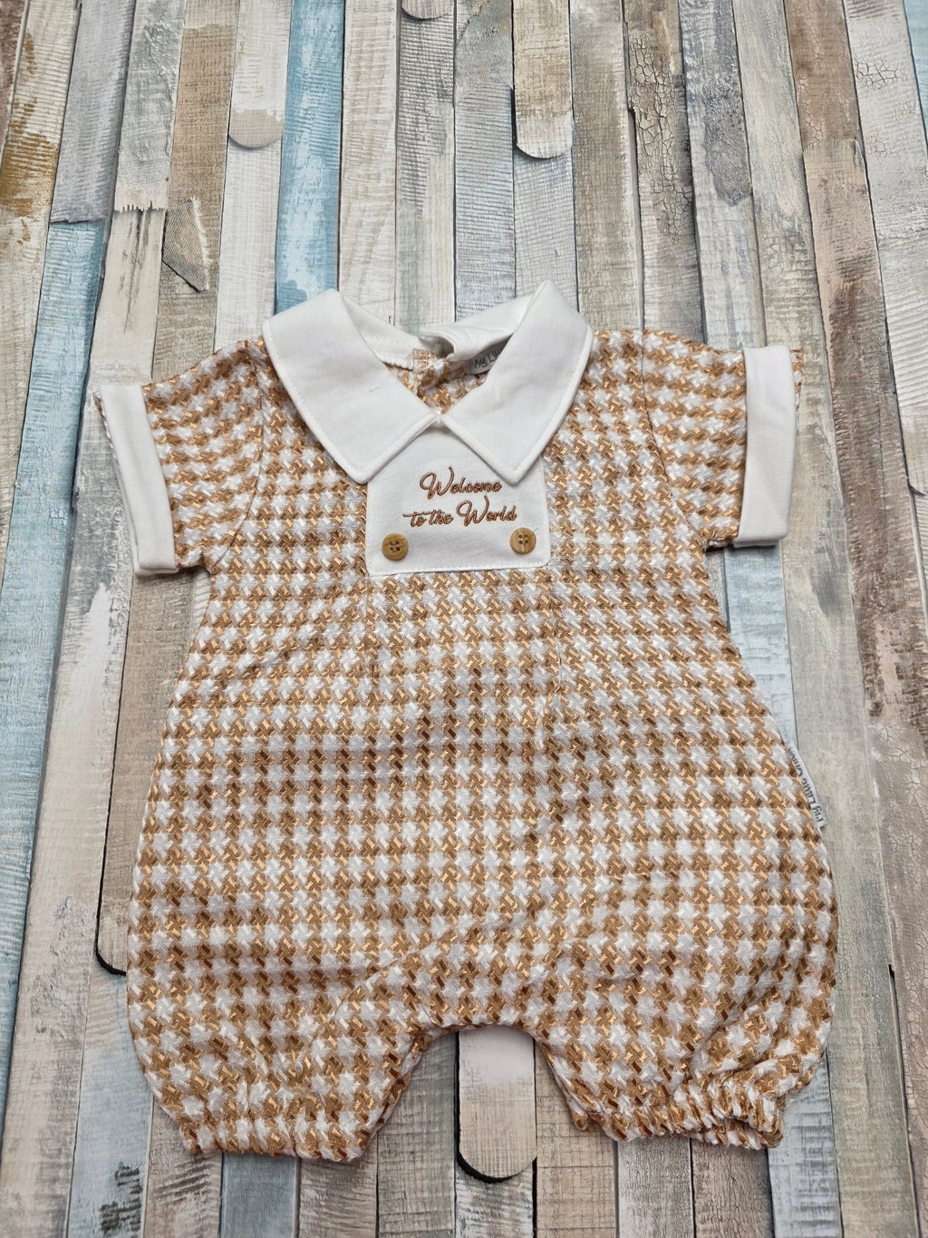 Baby Boys Chequered Romper Welcome to the World