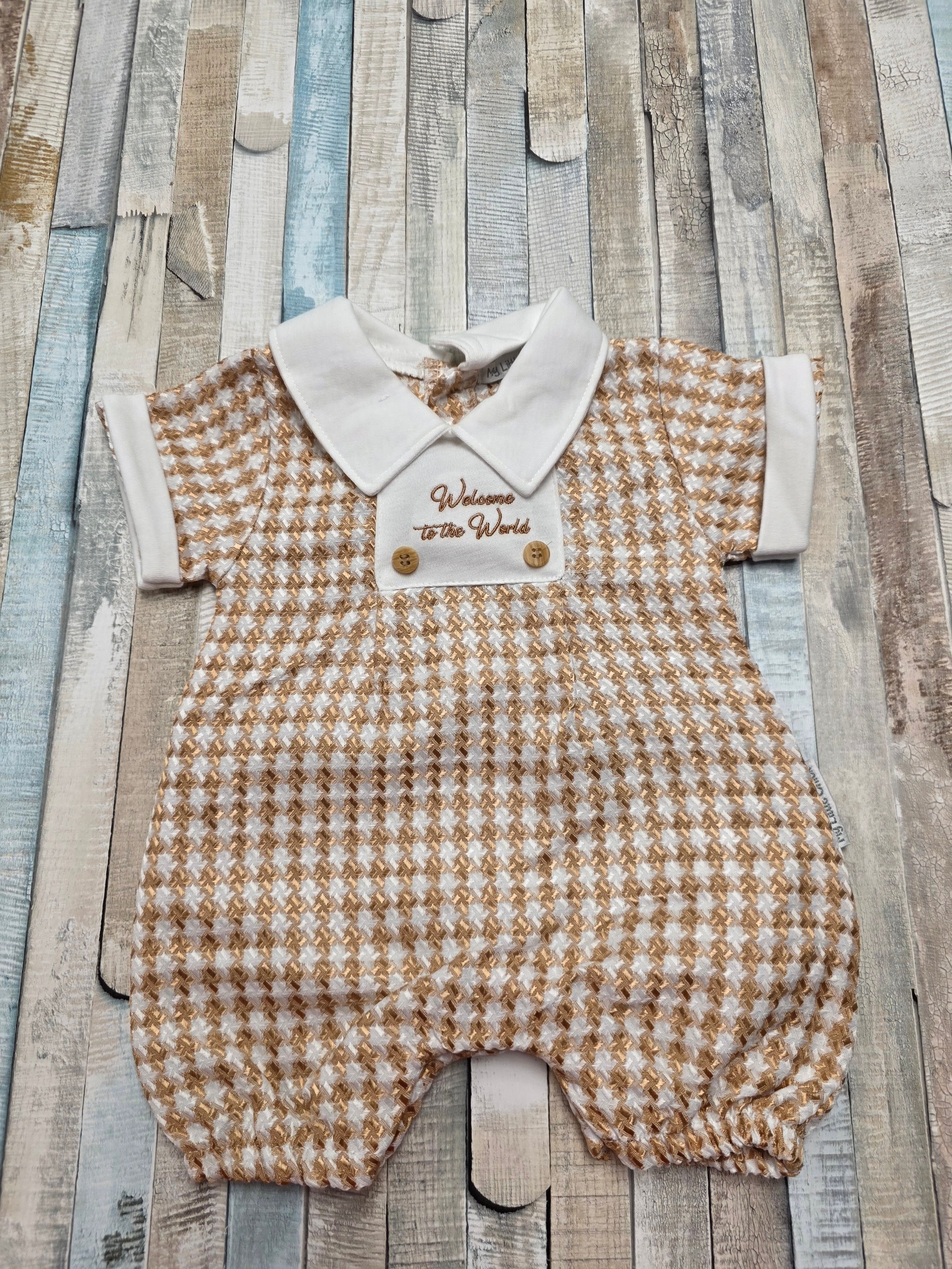 Baby Boys Chequered Romper Welcome to the World