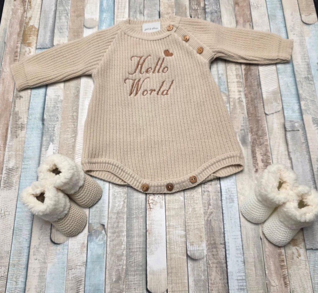 Nana B Unisex Baby Beige Hello World Romper And Beanie Hat